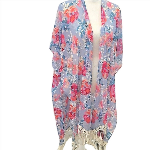 Time and Tru Accessories - Kimono Wrap Floral Lace Trim  Pastel Blue Pink Roses Romantic Lightweight Sheer